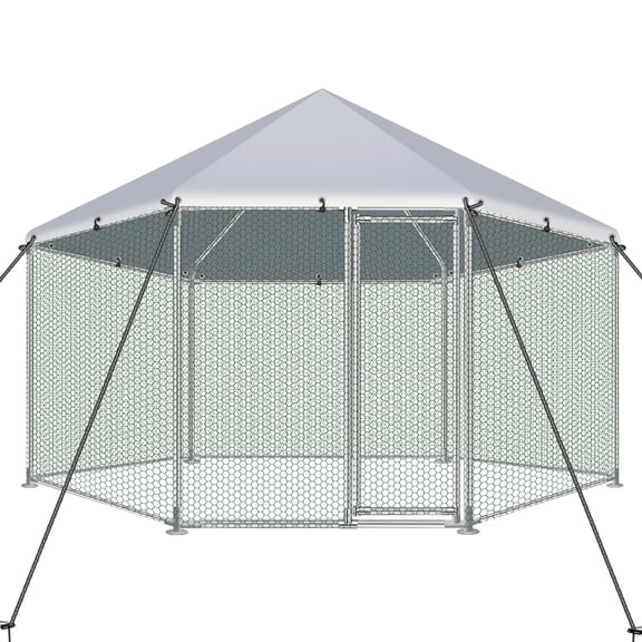 GetYes Hexagonal Chicken Coop with Galvanized Steel Frame & Water-Resistant Oxford Tarp, Silver