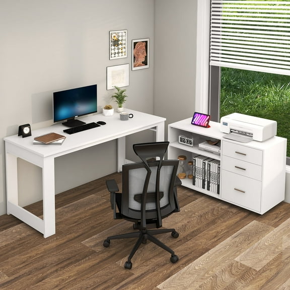 GetYes L-Shaped Desk, Adult, 2-Piece with Drawers, Shelves, File Cabinet, 23.6 x 55 in, White, 2 Count, 2 Pack