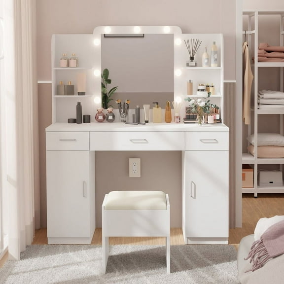GetYes Makeup Vanity with Hollywood Mirror and Light, Stool Included, Contemporary, White