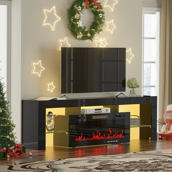 GetYes Modern 70" TV Stand with 36" Electric Fireplace - Stylish Entertainment Center with Built-In Heater & Storage, Black