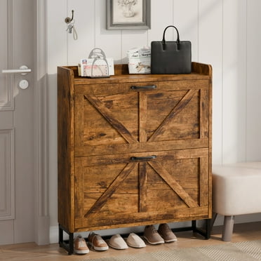 GetYes Shoe Storage Cabinet with 2 Flip Drawers for 16 Pairs, Metal Legs, Rustic Brown
