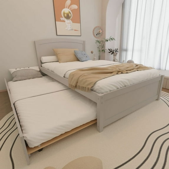 GETYES Wooden Day Bed with Trundle, Natural Pine Wood, Twin Size, Gray