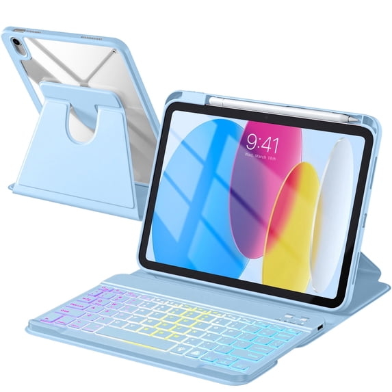 Getino Compatible with Apple iPad A16 11th 10th Generation Case with Keyboard 360° Rotatable 7 Colors Backlit Detachable Keyboard Case Cover for iPad 10th Gen 10.9 inch & iPad 11th Gen 11 inch
