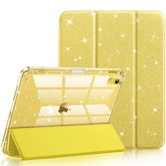 Getino Compatible with iPad (A16) 11th Generation 11 Inch (2025), iPad 10th Generation 10.9 Inch (2022) with Pencil Holder, Glittering Sparkly Slim Protective Case with Clear Back, Yellow