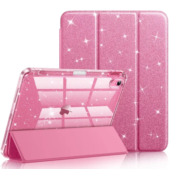 Getino Compatible with iPad (A16) 11th Generation 11 Inch (2025), iPad 10th Generation 10.9 Inch (2022) with Pencil Holder, Glittering Sparkly Slim Protective Case with Clear Back, Pink