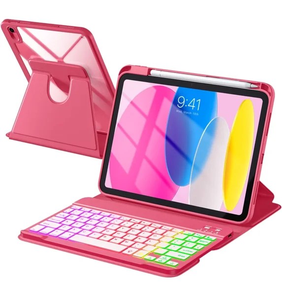 Getino for iPad A16 11th 10th Generation Case with Keyboard, 360°Rotatable 7-Color Backlit Wireless Detachable Folio Keyboard with Pencil Holder for iPad A16 11-inch 2025 10th Gen 10.9 Inch 2022