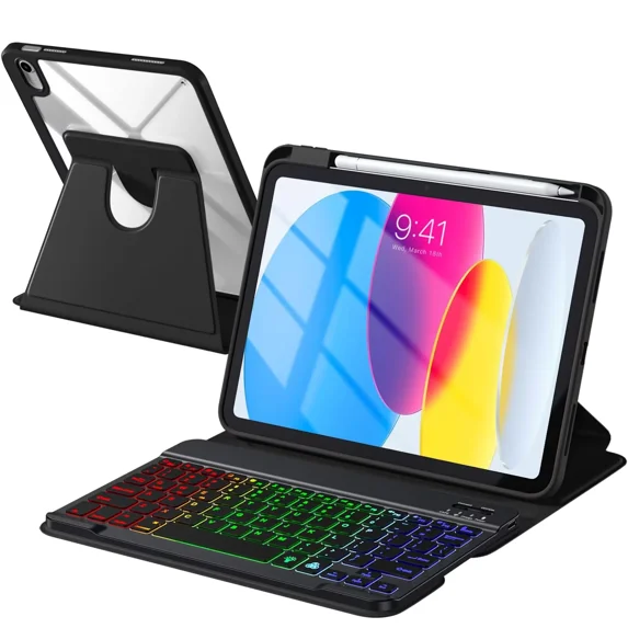 Getino for iPad A16 11th 10th Generation Case with Keyboard, 360°Rotatable 7-Color Backlit Wireless Detachable Folio Keyboard with Pencil Holder for iPad A16 11-inch 2025 10th Gen 10.9 Inch 2022