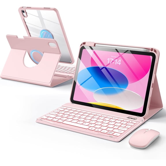 Getino for iPad A16 11th 10th Generation Case with Keyboard and Mouse 360° Rotatable Magnetic Detachable Backlit Keyboard Case Cover with Pencil Holder for Apple iPad 10th 11th Gen 11 inch, Pink