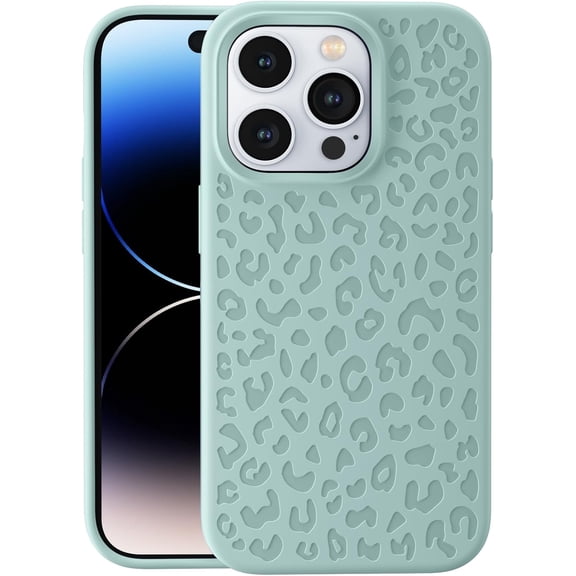 Getino Leopard Engraved Case for iPhone 14 Pro, Liquid Silicone Shockproof Protective Case with Soft Anti-Scratch Lining, Aqua