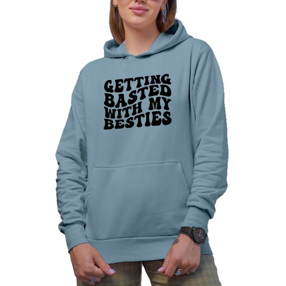 Getting Basted with My Besties, Groovy Retro Wavy Text Merch Gift, Light Blue Hooded Sweatshirt or Hoodie, 2XL