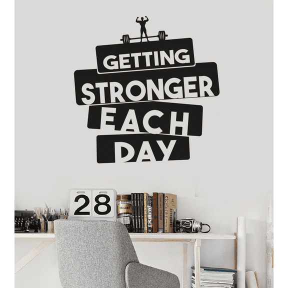 Getting Stronger Each Day Workout Motivation Quote Body Builder Silhouette Vinyl Wall Art Sticker Decal Home Gym Home Work Out Area Wall Décoration Design Wall Décor Decal Size (10x8 inch)