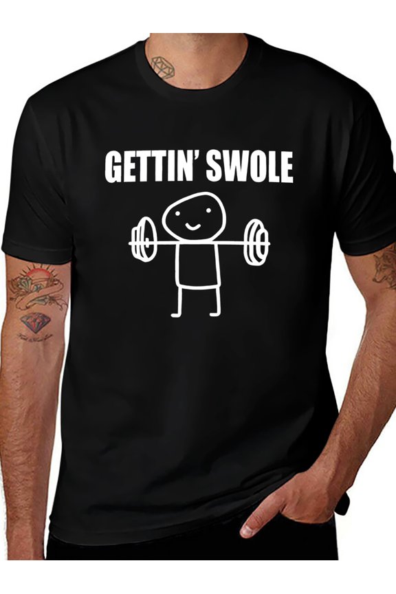 Getting Swole Funny Gym Workout T-Shirt Meme Humor 
Pump Cover Tee Short Sleeve Crew Neck Casual Loose Fit 
Weightlifting Bodybuilding Fitness Training Gift for 
Men Women Unisex