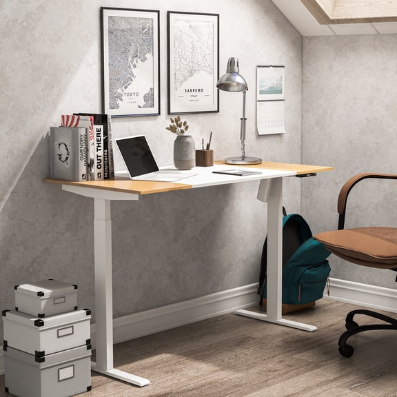 Getty Adjustable Height Metal Desk, White and Maple