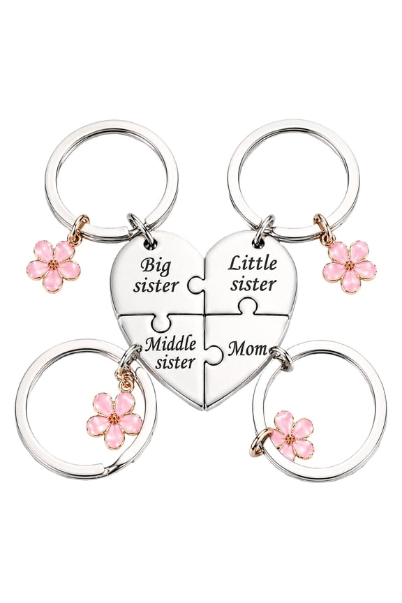 ,4-Piece Stainless Steel Split-Heart Puzzle Keychain Set – Engraved Family Matching Key Rings for Mom and Sisters, Ideal Sisters Gifts From Sister