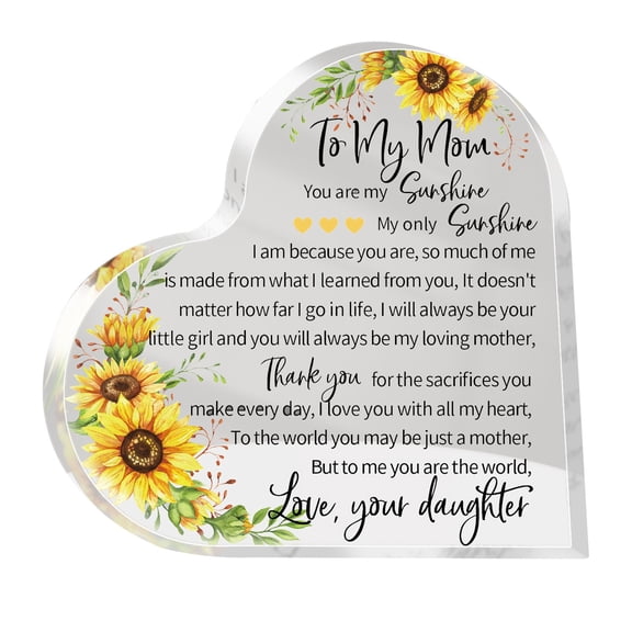 Getwin Heart Desktop Decor,Clear Acrylic Display Piece,for Mom Christmas for Mom Mom Birthday Acrylic Keepsake 3.9X3.9 Inch I Love You Mom From Mother'S Day Valentines Day for Mom (Sunflower)