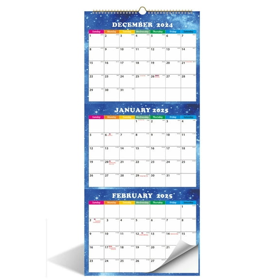 Getwin Home Calendar,,2025 Wall Calendar 3 Month Wall Calendar Display (Folded In A Month) Dec.2024 Jan.2026 11" X 26" 3 Month Calendar Blue