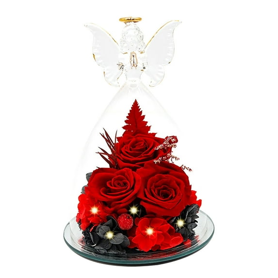 Getwin Preserved Rose Dome,Angel Decor with 3 Roses,Preserved Roses A for Mother'S Day Or Valentine'S Day A Glass Dome Of Preserved Flowers with Little Figurines