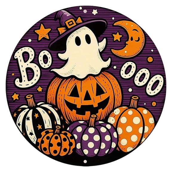 Getwin,Retro Round Halloween Door Hanger with Pumpkin and "H" Monogram, Welcome Decoration for Front Door, Porch, Kitchen, and Garden Entryways