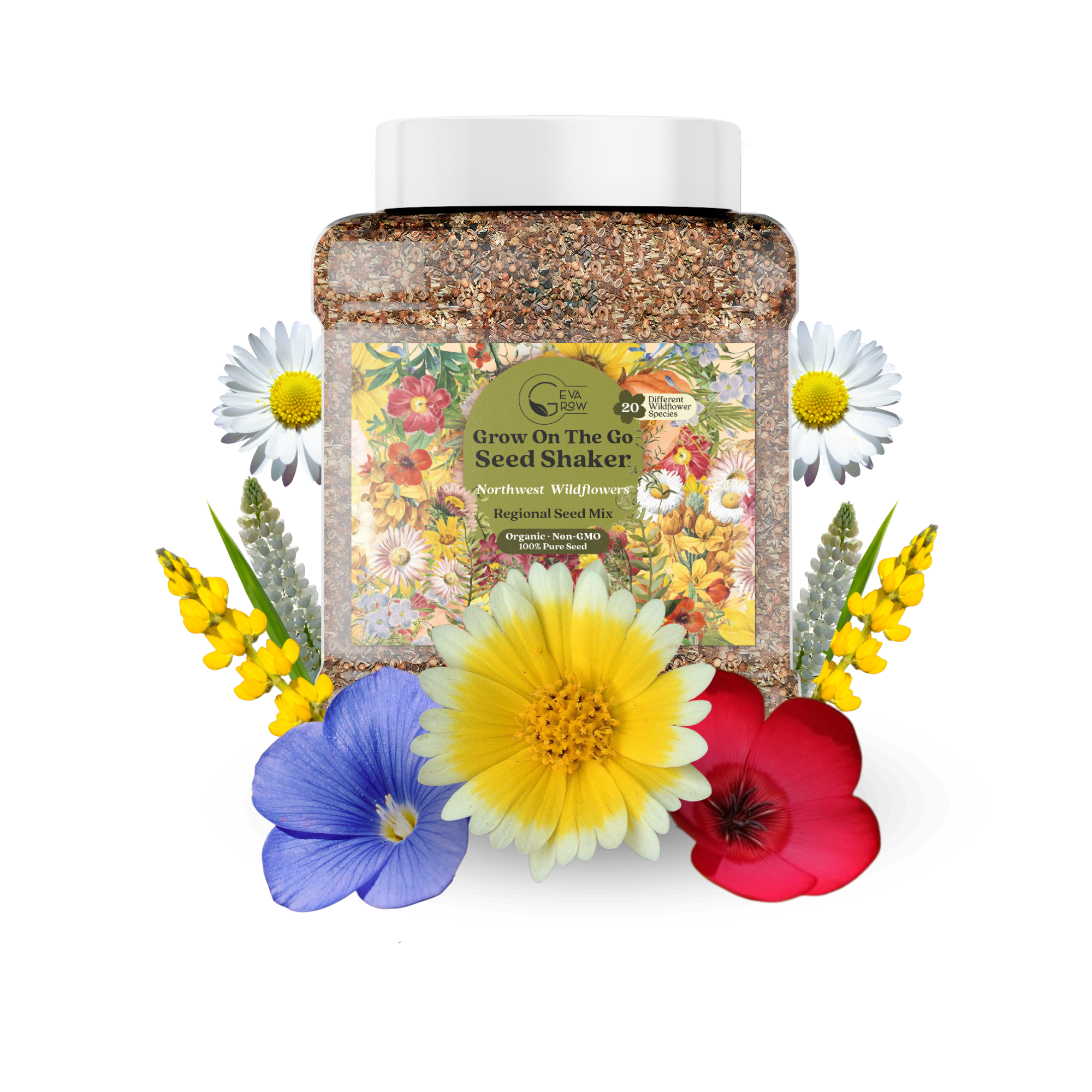 Geva Grow on the Go Seed Shaker Mini - Northwest Wildflower Seeds Regional Mix - Organic, Non-GMO - 100% Pure Seed - 20 Different Wildflowers Seeds of Annual and Perennial, 1LB