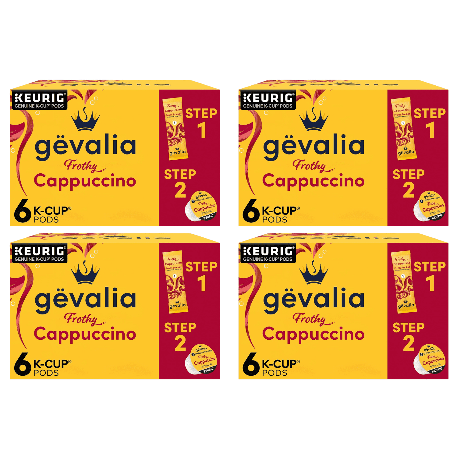 Gevalia Frothy 2-Step Cappuccino Espresso K-Cup Coffee Pods & Froth Packets Kit 6 Ct Box (Pack of 4)