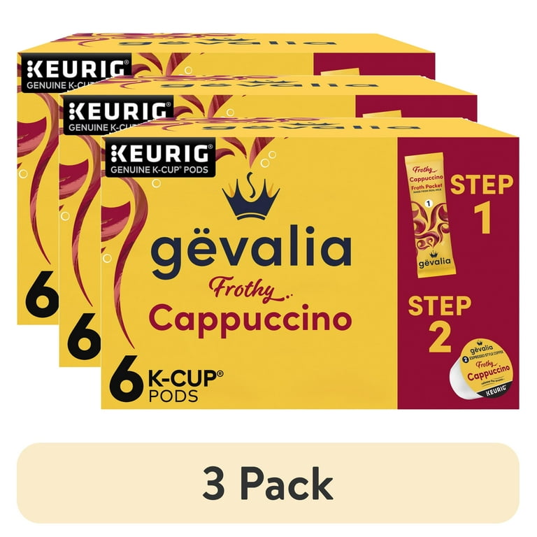 3 pack Gevalia Frothy 2 Step Artificially Flavored Cappuccino Espresso Style K Cup Coffee Pods Froth Packets Kit 6 ct. Box Walmart