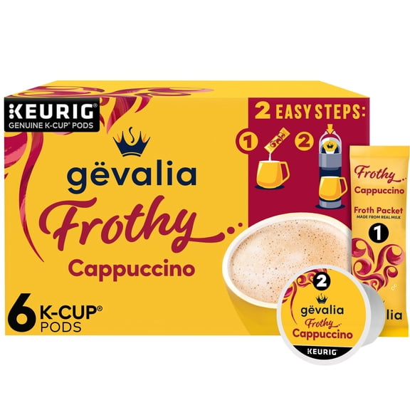 Gevalia Frothy 2-Step Artificially Flavored Cappuccino Espresso Style KCup Coffee Pods & Froth Packets Kit, 6 ct. Box
