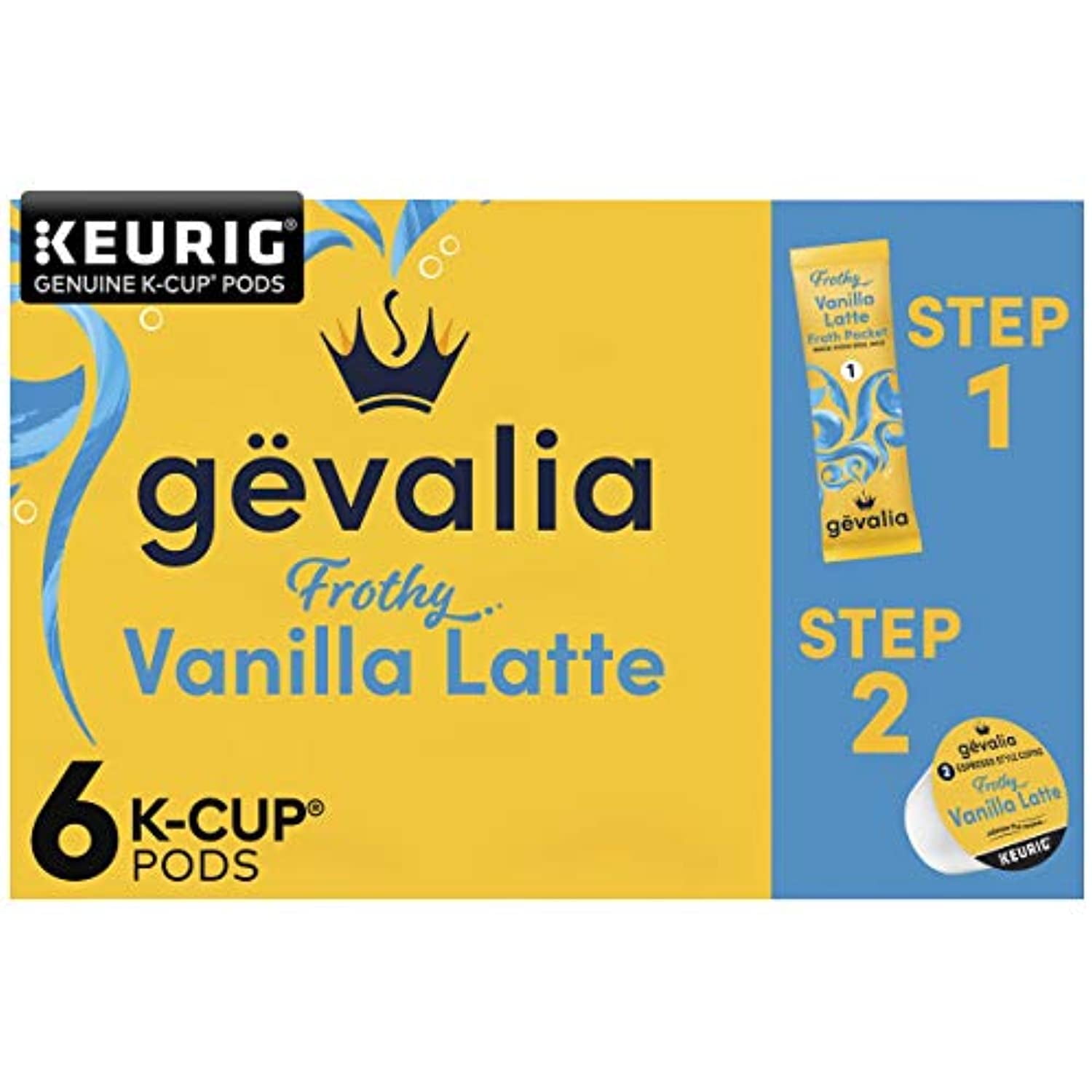 Gevalia Frothy 2-Step Vanilla Latte Espresso K-Cup Coffee Pods & Froth Packets Kit (6 Ct Box)