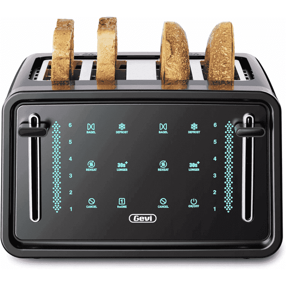 Gevi 4-Slice Toaster with Smart LED Touch Screen, 6 Browning Levels, Black