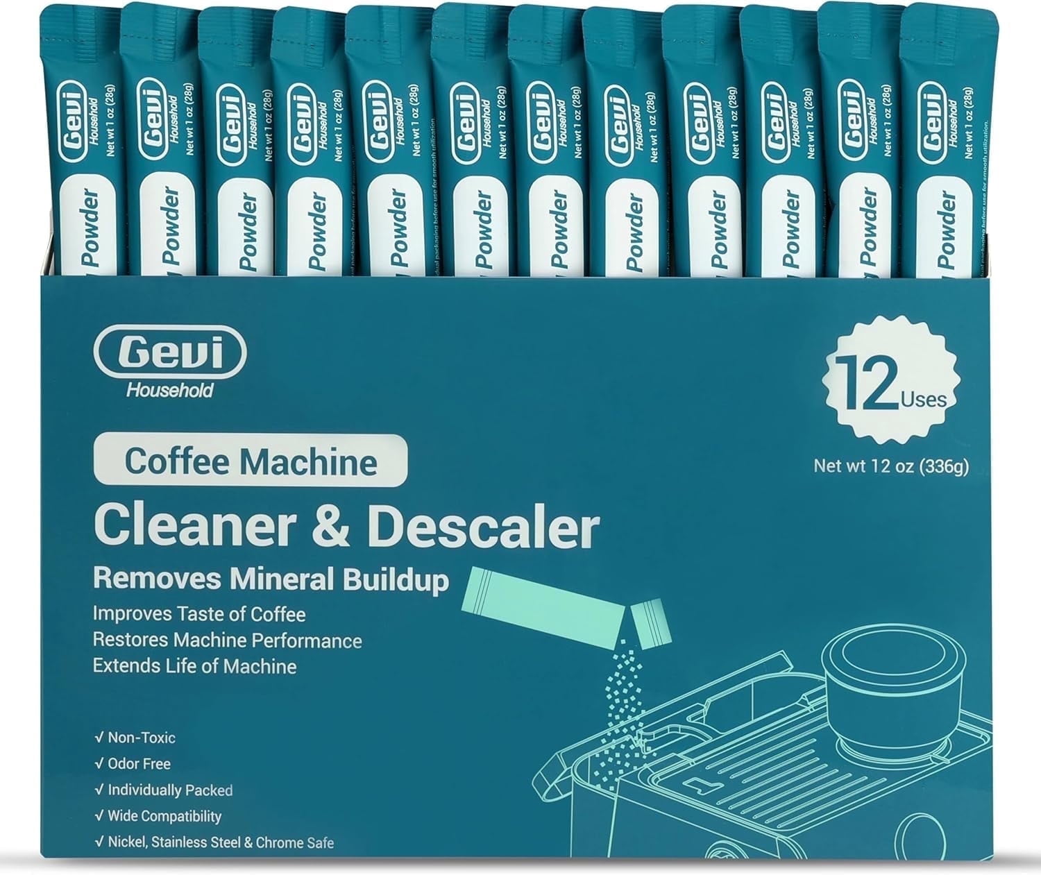 Gevi Coffee Machine Cleaner & Descaler Powder - 12 Individually Packed Uses | Organic Citric Acid for Espresso Makers | All Major Brands Compatible