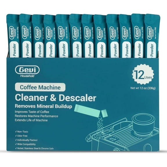 Gevi Coffee Machine Cleaner & Descaler Powder - 12 Individually Packed Uses | Organic Citric Acid for Espresso Makers | All Major Brands Compatible