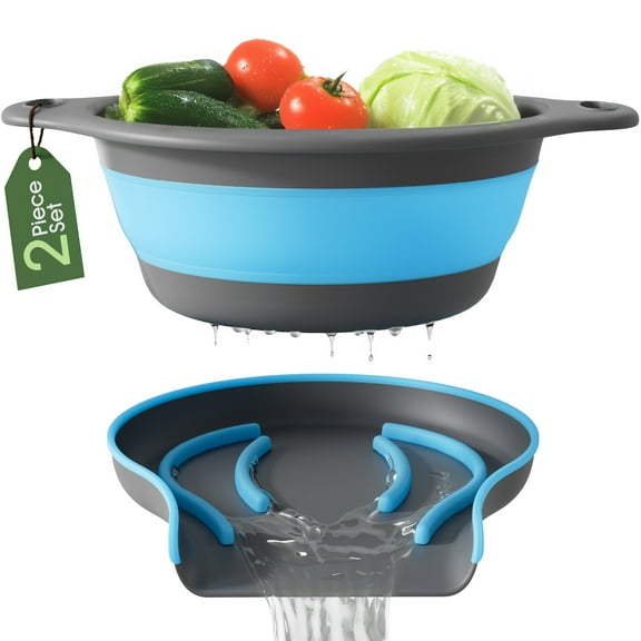 Gevoli 2-in-1 Large Collapsible Colander with Self-draining Base Set - Plastic Side Drain Food strainer for Edge of Kitchen Sink (Blue)