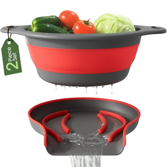 Gevoli 2-in-1 Large Collapsible Colander with Self-draining Base Set - Plastic Side Drain Food strainer for Edge of Kitchen Sink (Red)