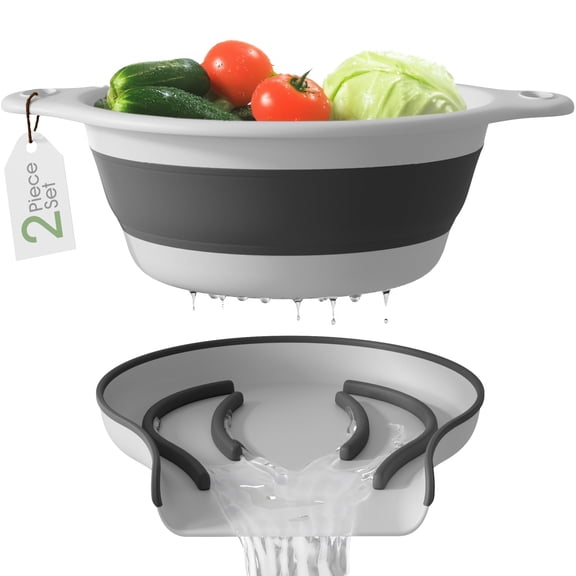 Gevoli 2-in-1 Large Collapsible Colander with Self-draining Base Set - Plastic Side Drain Food strainer for Edge of Kitchen Sink (White)
