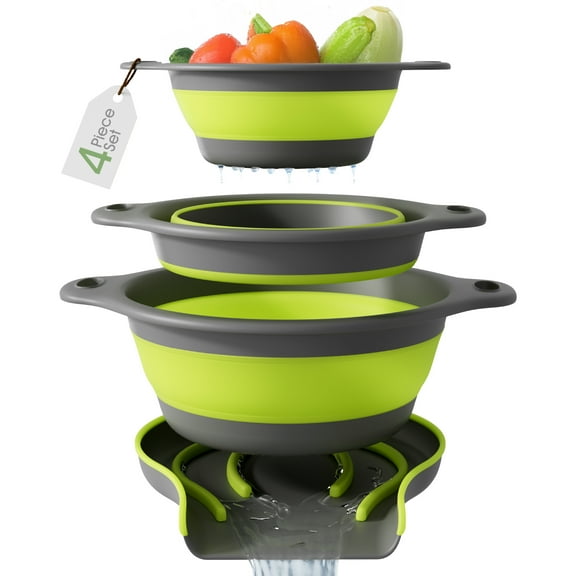 Gevoli Collapsible Colanders with Self-draining Base for Edge of Sink (Set of 3 Sizes) - Plastic Food strainer (Green/Gray)