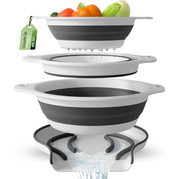 Gevoli (Set of 3 Sizes) Collapsible Colanders with Self-draining Base for Edge of Sink - Plastic Food strainer (White)