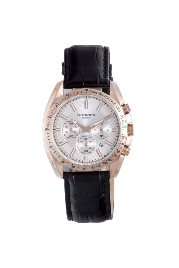 Rudiger Men's Rose-tone Stainless Steel and Leather Quartz Watch - Black