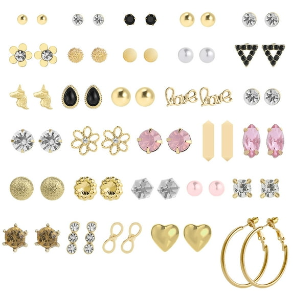 GeweYeeli Women 30 Pair Multiple Ear Studs Earrings Set Assorted Crystal Rhinestone Piercing Earrings