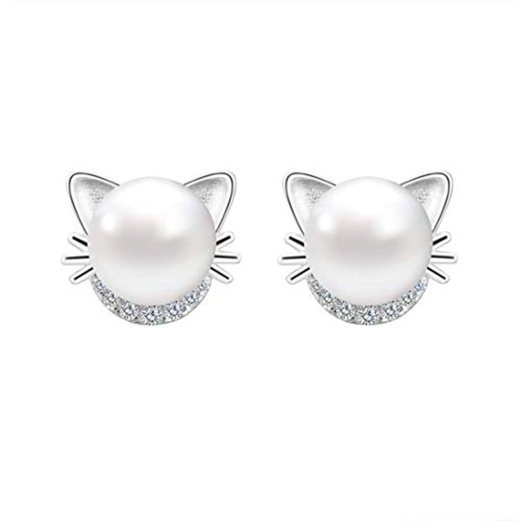 ANANJING GeweYeeli Women Adorable Cat Rhinestone Studs Earrings Shiny Crystal White Pearl Girls Stud Earrings
