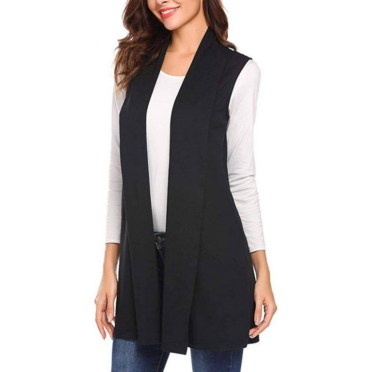 GeweYeeli Women Sleeveless Long Vest Front Open Cardigan Girl Waistcoat with Side Pocket Black S