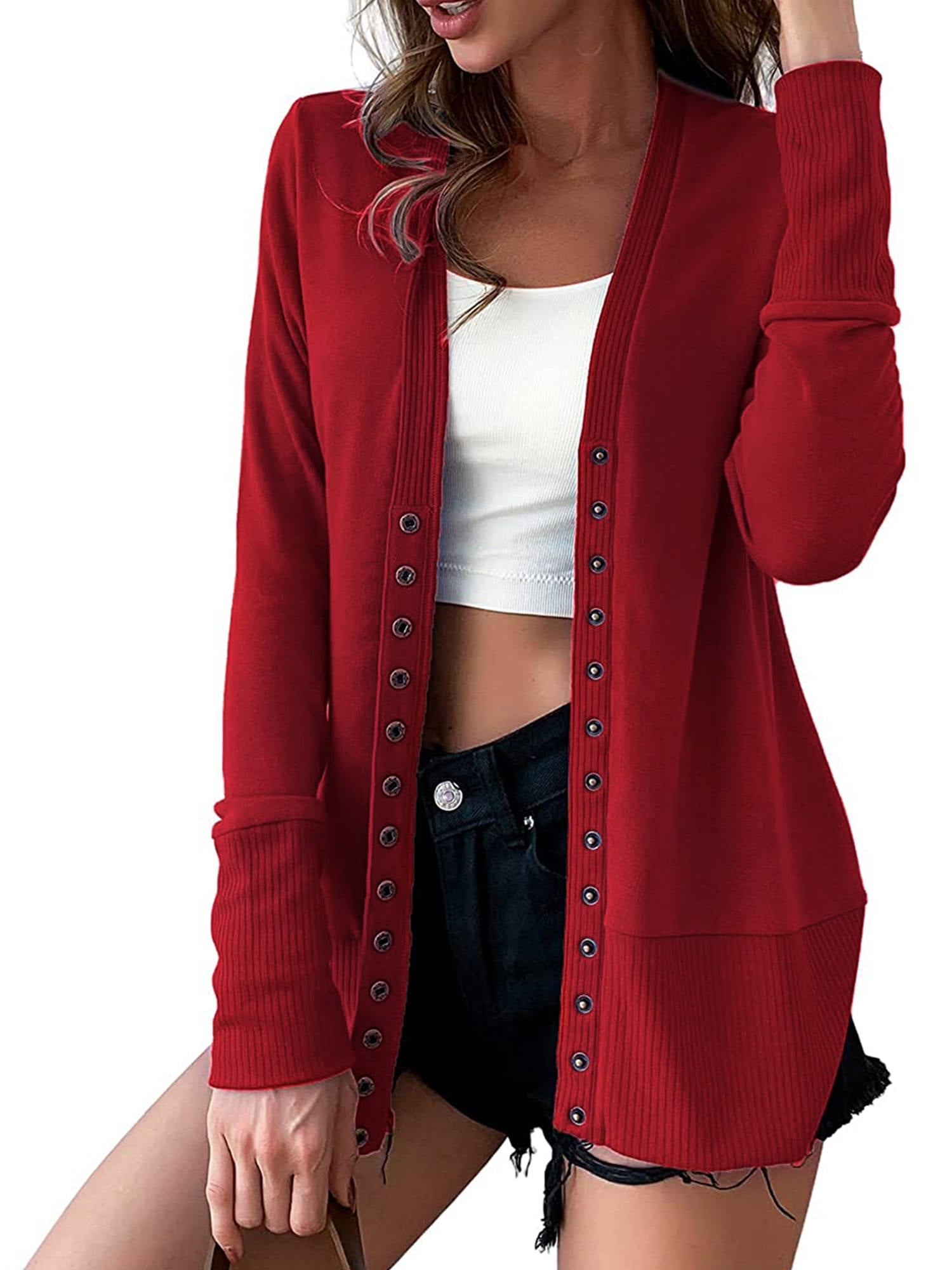 GeweYeeli Women Snap Button Blouse Front Open Vneck Cardigan Casual