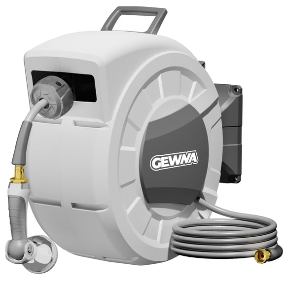 Gewna 1/2 in x 100 ft Retractable Wall Mounted Garden Hose Reel with 10 Pattern Nozzle, Any Length Lock, Slow Return System, 180°Swivel Bracket