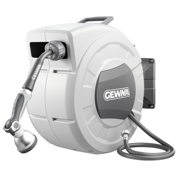 Gewna 1/2 in x 100 ft Retractable Wall Mounted Garden Hose Reel with 10 Pattern Nozzle, Any Length Lock, Slow Return System, 180°Swivel Bracket
