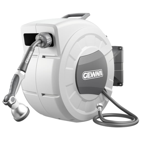 Gewna 1/2 in x 100 ft Retractable Wall Mounted Garden Hose Reel with 10 Pattern Nozzle, Any Length Lock, Slow Return System, 180°Swivel Bracket