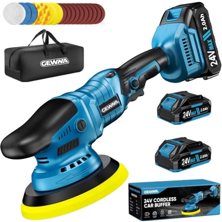 Gewna 24V Cordless Car Polisher, 2x2.0Ah Batteries, 6-Speed Variable Speed Control, 5-Inch Random Orbital Buffer Waxer Kit for Car Detailing & Polishing