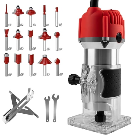 Gewna 800W Compact Wood Router with 1/4" Collet,30000 Rpm , Includes 15 Pcs Bits ,for Trimming, Grooving and Woodworking,Red