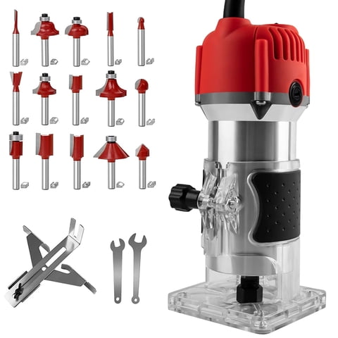 Gewna 800W Compact Wood Router with 1/4" Collet,30000 Rpm , Includes 15 Pcs Bits ,for Trimming, Grooving and Woodworking,Red