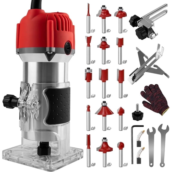 Gewna 800W Compact Wood Router with 1/4" Collet,30000 Rpm & Variable Speed, Includes 15 Pcs Bits ,for Trimming, Grooving and Woodworking,Red
