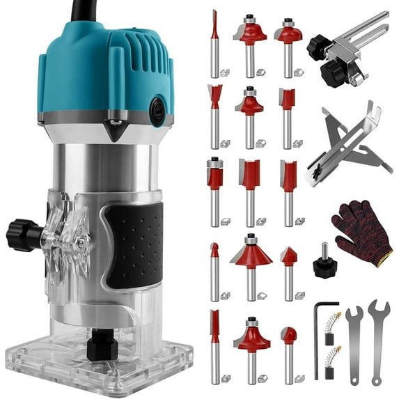 Gewna 30000 RPM Variable Speed Electric Hand Woodworking Trimmer 1/4" Collets Palm Router Kit with 15 Pcs Bits,10V 800W