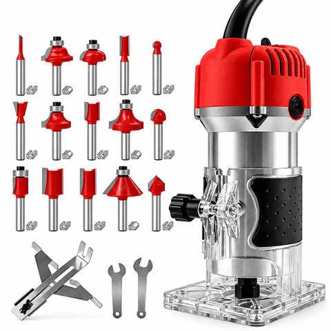 Gewna 800W Compact Wood Router with 1/4" Collet,30000 Rpm , Includes 15 Pcs Bits ,for Trimming, Grooving and Woodworking,Red