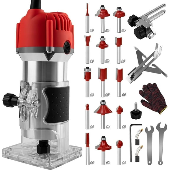 Gewna 800W Compact Wood Router with 1/4" Collet,30000 Rpm & Variable Speed, Includes 15 Pcs Bits ,for Trimming, Grooving and Woodworking,Red